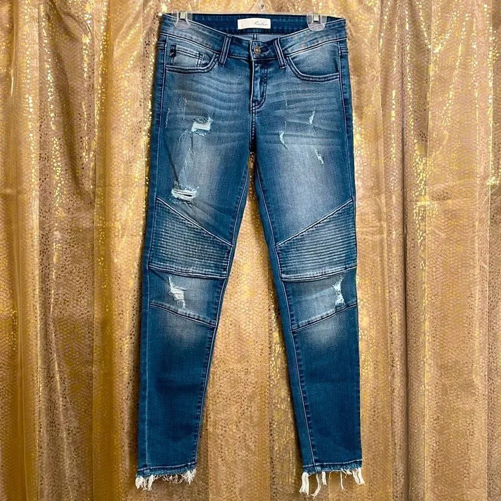 KanCan moto style skinny distressed mid rise ankle jeans, size 5/26